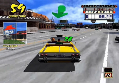 A screenshot of CrazyTaxi that shows the Pizza Hut look.